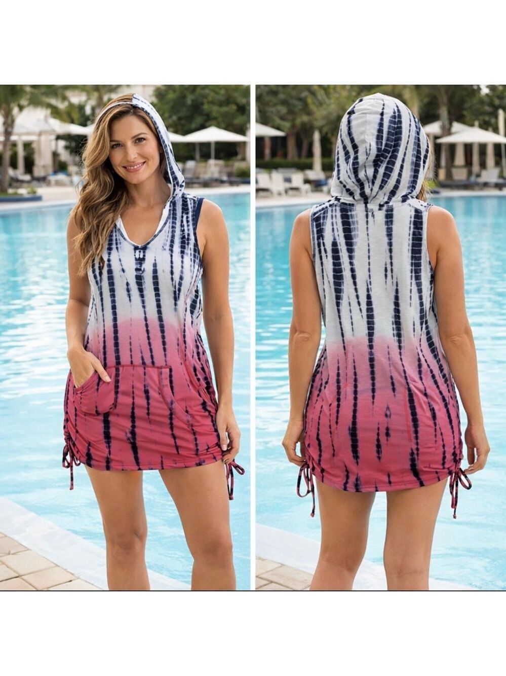 VENUS SLEEVELESS OMBRE TIE DYE SWIM COVER UP HOODIE DRESS RUCHED SIDES 2X POCKET
